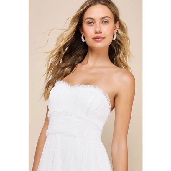 Lulus Womens Delightful Bliss White Mesh Swiss Dot Strapless Midi Dress Small - Picture 4 of 16